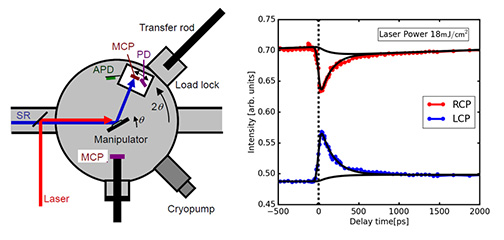 時間分解軟X線測定装置の模式図(左)と鉄白金薄膜の時間分解軟X線磁気円二色性の測定結果(右)